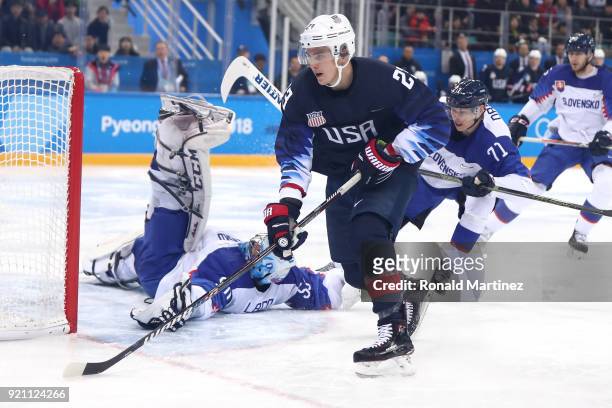 Jan Laco of Slovakia tends goal against Troy Terry of the United States in the second period during the Men's Play-offs Qualifications game on day...