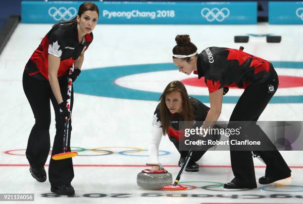 Emma Miskew, Rachel Howman and Joanne Courtney of Canada compete the Women's Round Robin Session 10 on day eleven of the PyeongChang 2018 Winter...