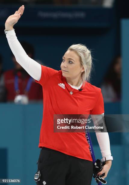 Anna Sloan of Great Britain waves to the crowd after they defeated Japan during the Women's Round Robin Session 10 on day eleven of the PyeongChang...