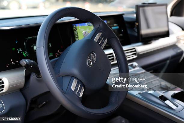 The steering wheel is seen inside a Hyundai Motor Co. Nexo autonomous fuel cell electric vehicle in Pyeongchang, Gangwon Province, South Korea, on...