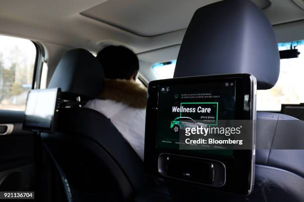 Touch screen is displayed inside a Hyundai Motor Co. Nexo autonomous fuel cell electric vehicle during a test drive in Pyeongchang, Gangwon Province,...