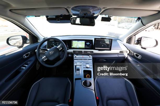 The dashboard and center console are seen inside a Hyundai Motor Co. Nexo autonomous fuel cell electric vehicle in Pyeongchang, Gangwon Province,...