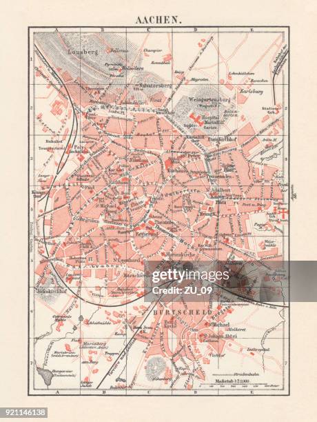 city map of aachen, germany, lithograph, published in 1897 - aachen 2018 stock illustrations