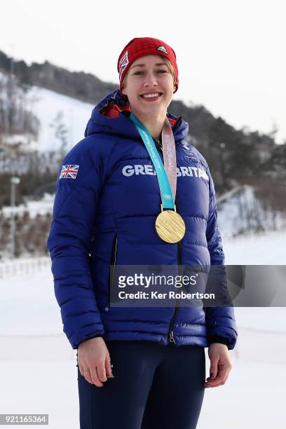 Lizzy Yarnold of Great Britain with the gold medal she received for finishing first in the Women's Skeleton at the 2018 PyeongChang Winter Olympic...