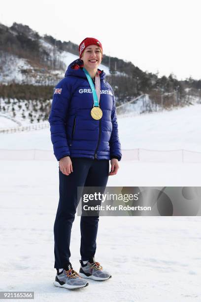 Lizzy Yarnold of Great Britain with the gold medal she received for finishing first in the Women's Skeleton at the 2018 PyeongChang Winter Olympic...