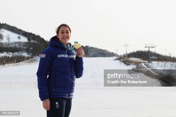 Lizzy Yarnold of Great Britain with the gold medal she received for finishing first in the Women's Skeleton at the 2018 PyeongChang Winter Olympic...