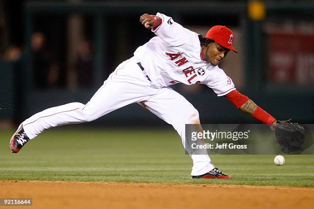 Erick Aybar of the Los Angeles Angels of Anaheim fields a ground ball in Game Four of the ALCS against the New York Yankees during the 2009 MLB...