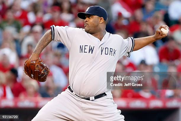 Sabathia of the New York Yankees pitches against the Los Angeles Angels of Anaheim in Game Four of the ALCS during the 2009 MLB Playoffs at Angel...