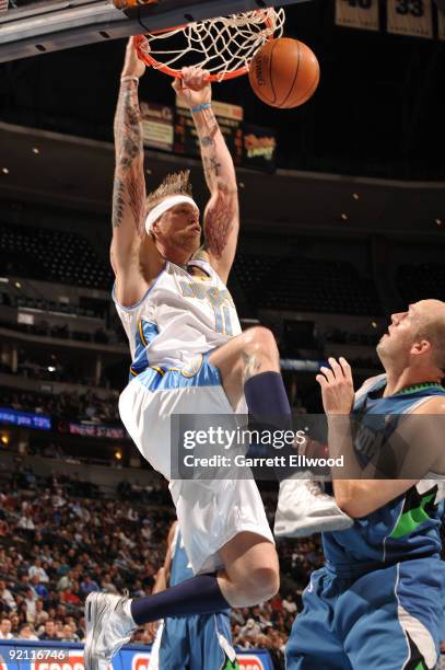 Chris Andersen of the Denver Nuggets goes to the basket against the Minnesota Timberwolves on October 20, 2009 at the Pepsi Center in Denver,...