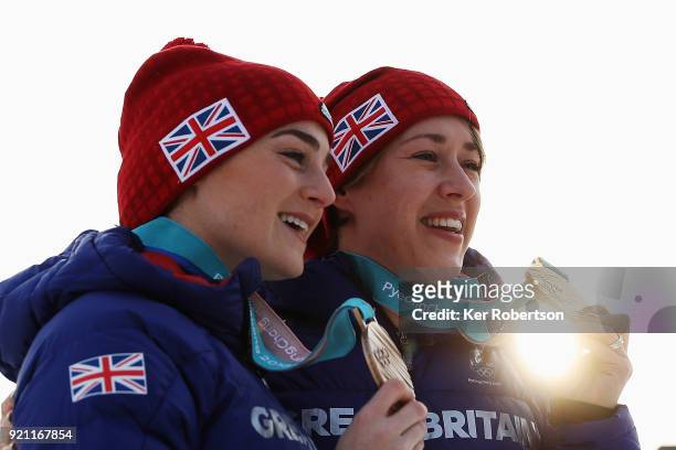 Women's Skeleton bronze medalist Laura Deas of Great Britain and Women's Skeleton gold medalist Lizzy Yarnold of Great Britain seen with the medals...