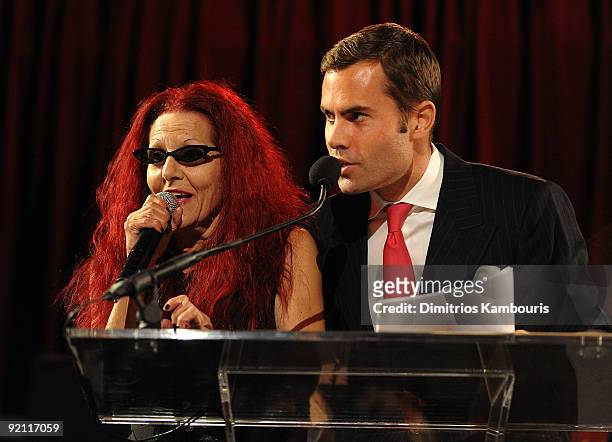 Stylist Patricia Field and Auctioneer Brook Hazelton speak onstage during 2009 Angel Ball to Benefit Gabrielle�s Angel Foundation hosted by Denise...