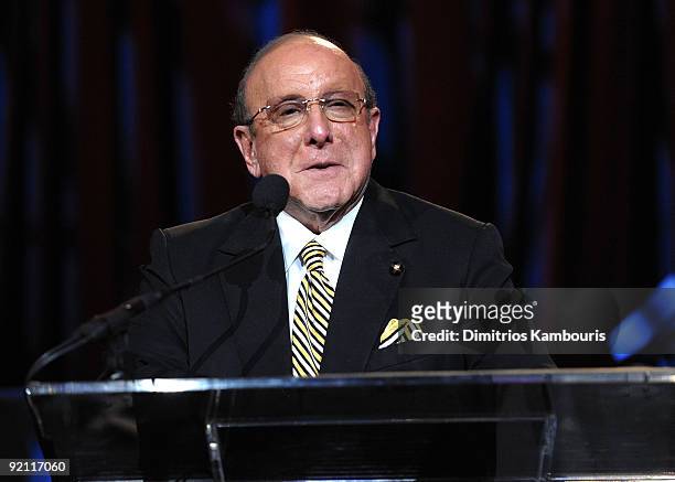 Clive Davis speaks onstage at the 2009 Angel Ball to Benefit Gabrielle�s Angel Foundation hosted by Denise Rich at Cipriani, Wall Street on October...