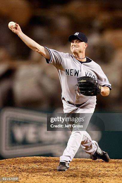 Chad Gaudin of the New York Yankees pitches against the Los Angeles Angels of Anaheim during the ninth inning in Game Four of the ALCS during the...