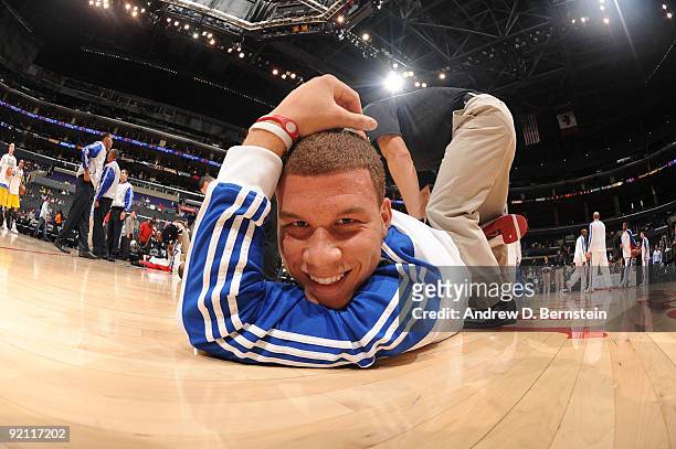 Blake Griffin of the Los Angeles Clippers is stretched before a game against Maccabi Electra Tel Aviv at Staples Center on October 20, 2009 in Los...