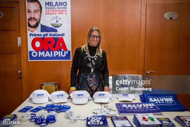 Adriana Domeniconi, a The League candidate for the Senate, stands at a merchandise stall during an event in which Matteo Salvini, leader of the...