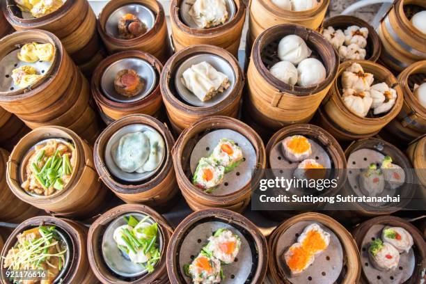 variety of chinese dimsum for breakfast, yumcha, dim sum in bamboo steamer, chinese cuisine - hat yai stock pictures, royalty-free photos & images