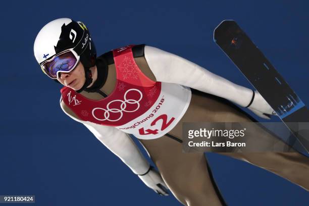 Eero Hirvonen of Finland jumps during the Nordic Combined Individual Gundersen Large Hill Ski Jumping trial round on day eleven of the PyeongChang...