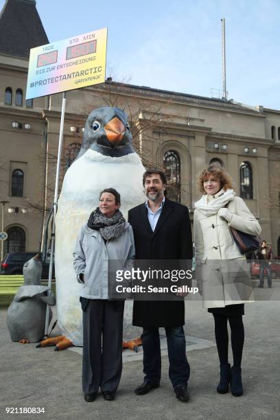 Antarctic biologist from the University of California Susanne Lockhart, actor Javier Bardem and Greenpeace marine expert Sandra Schoettner pose with...