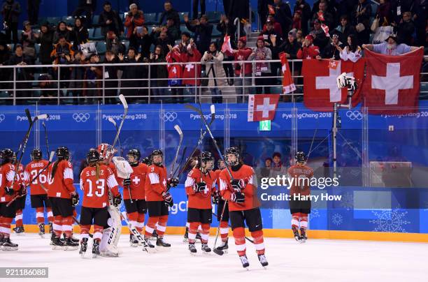 Switzerland acknowledge their fans after defeating Japan 1-0 during the Women's Ice Hockey Classification game on day eleven of the PyeongChang 2018...