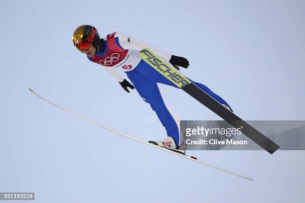 Jeun Park of South Korea jumps during the Nordic Combined Individual Gundersen Large Hill Ski Jumping trial round on day eleven of the PyeongChang...