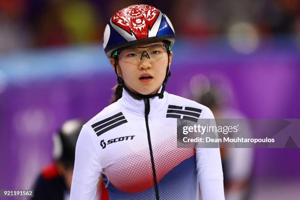 Sukhee Shim of Korea competes during the Ladies Short Track Speed Skating 1000m Heats on day eleven of the PyeongChang 2018 Winter Olympic Games at...