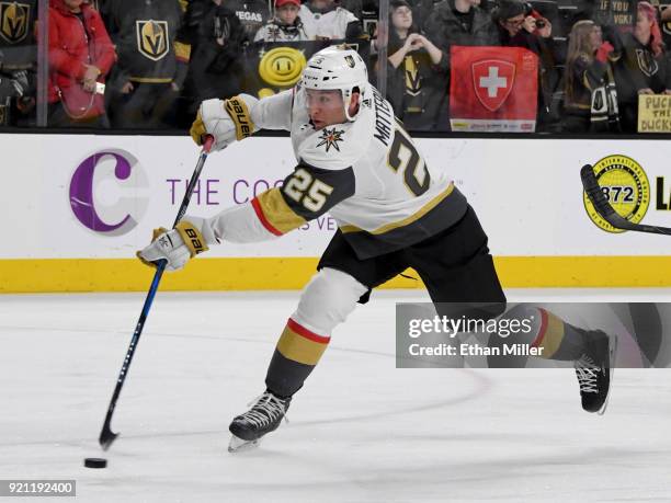 Stefan Matteau of the Vegas Golden Knights shoots during warmups before a game against the Anaheim Ducks at T-Mobile Arena on February 19, 2018 in...