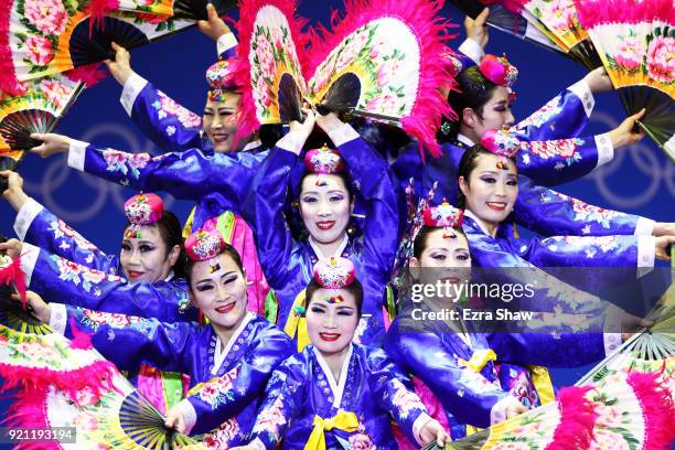 Performers entertain on stage prior to the medal ceremony on day 11 of the PyeongChang 2018 Winter Olympic Games at Medal Plaza on February 20, 2018...