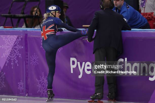 Elise Christie of Great Britain crashes out competes during the Ladies Short Track Speed Skating 1000m Heats on day eleven of the PyeongChang 2018...
