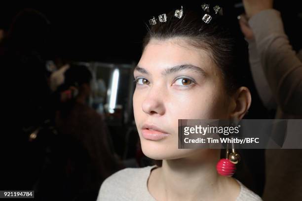 Model backstage ahead of the Emilio de la Morena show during London Fashion Week February 2018 at BFC Show Space on February 20, 2018 in London,...
