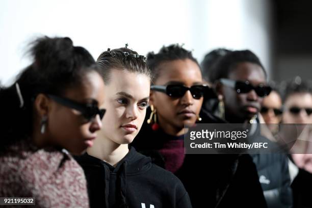 Models backstage ahead of the Emilio de la Morena show during London Fashion Week February 2018 at BFC Show Space on February 20, 2018 in London,...