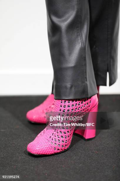 Model, shoe detail, backstage ahead of the Emilio de la Morena show during London Fashion Week February 2018 at BFC Show Space on February 20, 2018...