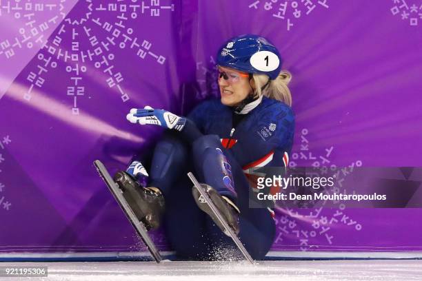 Elise Christie of Great Britain crashes out during the Ladies Short Track Speed Skating 1000m Heats on day eleven of the PyeongChang 2018 Winter...