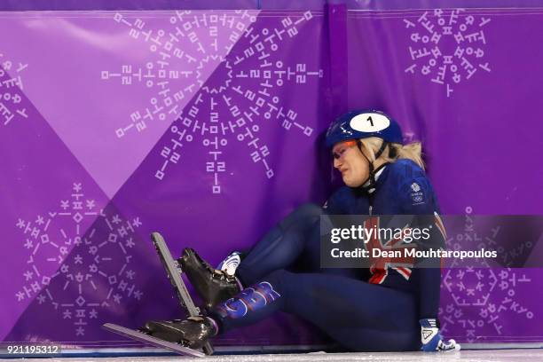 Elise Christie of Great Britain crashes out during the Ladies Short Track Speed Skating 1000m Heats on day eleven of the PyeongChang 2018 Winter...