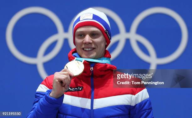 Gold medalist Havard Lorentzen of Norway celebrates during the medal ceremony for Speed Skating - Men's 500m on day 11 of the PyeongChang 2018 Winter...