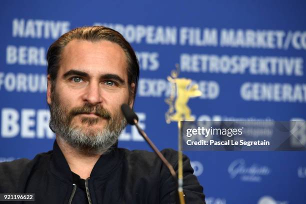 Joaquin Phoenix is seen at the 'Don't Worry, He Won't Get Far on Foot' press conference during the 68th Berlinale International Film Festival Berlin...