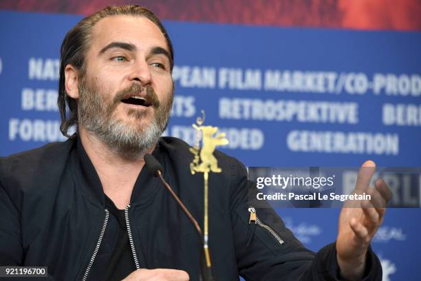 Joaquin Phoenix speaks at the 'Don't Worry, He Won't Get Far on Foot' press conference during the 68th Berlinale International Film Festival Berlin...