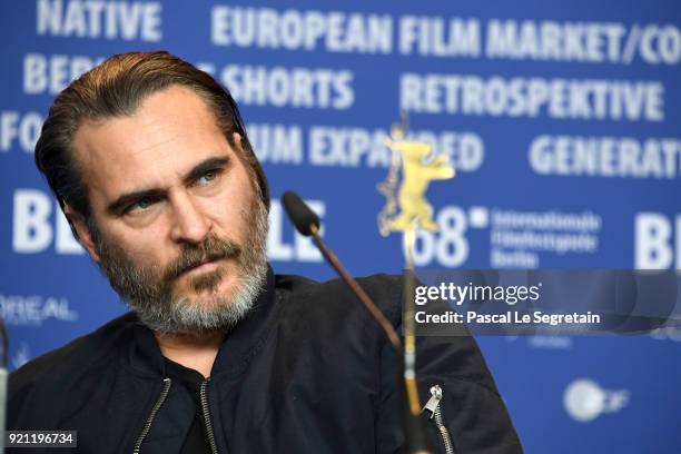 Joaquin Phoenix is seen at the 'Don't Worry, He Won't Get Far on Foot' press conference during the 68th Berlinale International Film Festival Berlin...