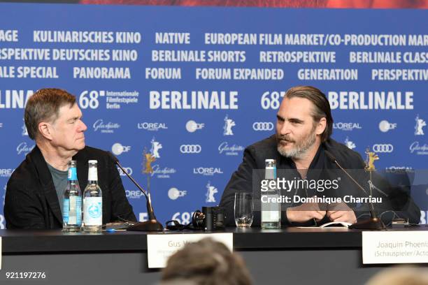 Gus Van Sant and Joaquin Phoenix are seen at the 'Don't Worry, He Won't Get Far on Foot' press conference during the 68th Berlinale International...