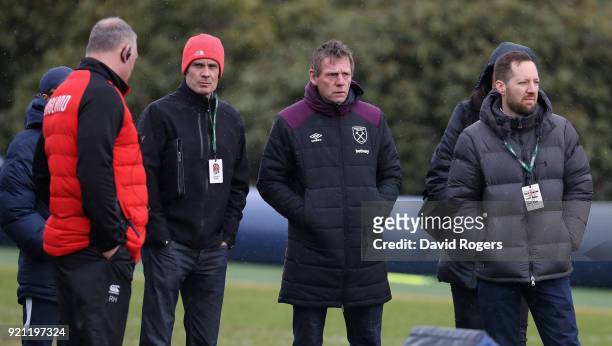 Stuart Pearce, the West Ham assistant manager looks on during the England training session held at Pennyhill Park on February 20, 2018 in Bagshot,...