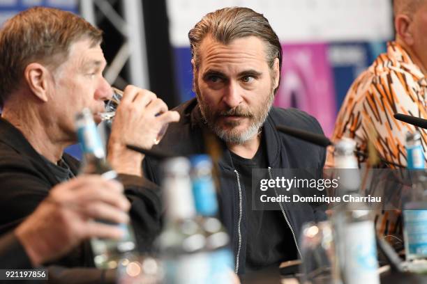 Gus Van Sant and Joaquin Phoenix attend the 'Don't Worry, He Won't Get Far on Foot' press conference during the 68th Berlinale International Film...