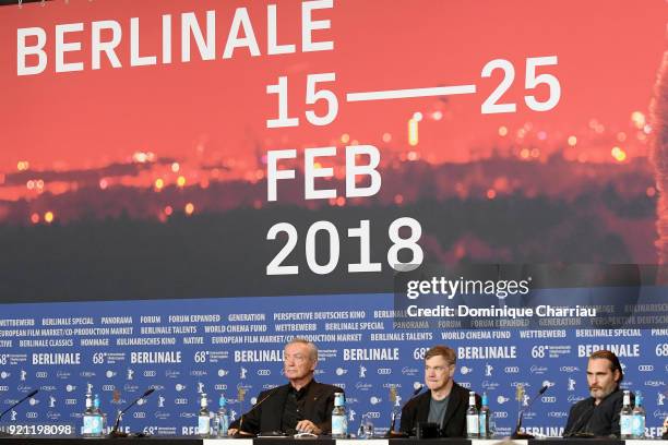 Udo Kier, Gus Van Sant and Joaquin Phoenix attend the 'Don't Worry, He Won't Get Far on Foot' press conference during the 68th Berlinale...