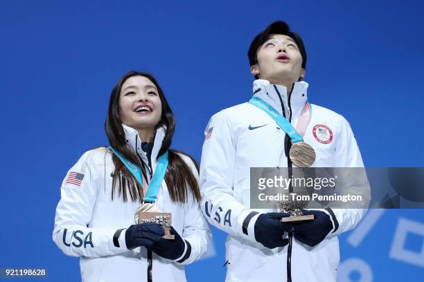Bronze medalists Maia Shibutani and Alex Shibutani of the United States celebrate during the medal ceremony for Figure Skating - Ice Dance Free Dance...