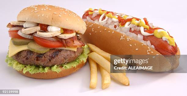 burguer y perrito caliente con papas fritas - frankfurt fotografías e imágenes de stock