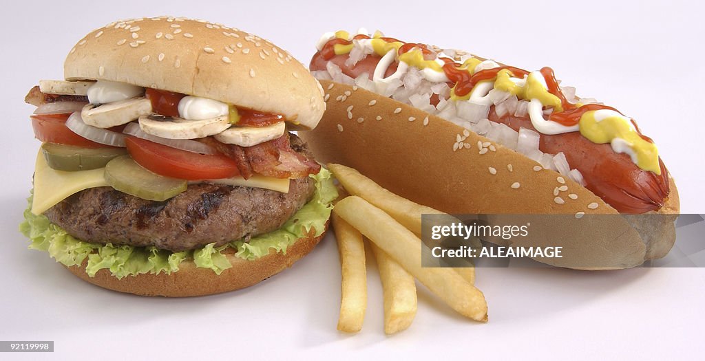 Burguer and hot dog with french fries