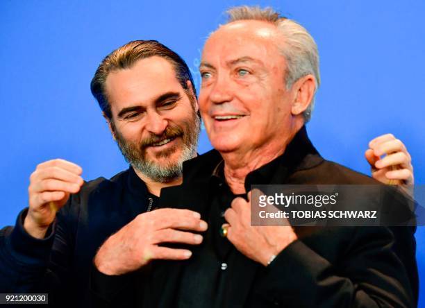 Actor Joaquin Phoenix and German actor Udo Kier pose during the photo call for the film "Don't Worry, He Won't Get Far on Foot" in competition during...