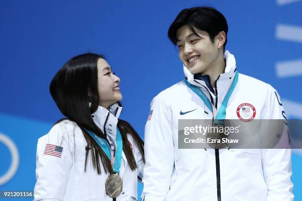 Bronze medalists Maia Shibutani and Alex Shibutani of the United States celebrate during the medal ceremony for Figure Skating - Ice Dance Free Dance...