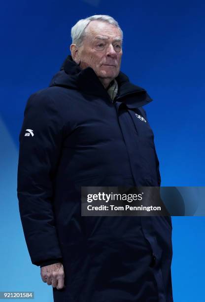 Canadian swimming champion and former vice-president of the IOC Dick Pound attends the medal ceremony on day 11 of the PyeongChang 2018 Winter...