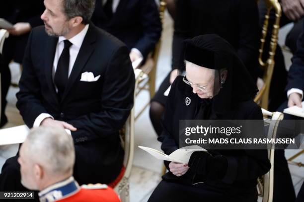 Denmark's Crown Prince Frederik and Denmark's Queen Margreth attend the funeral of Denmark's Prince Henrik at Christiansborg Palace Chapel in...