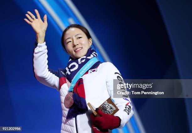 Silver medalist Sang-Hwa Lee of Korea celebrates during the medal ceremony for Speed Skating - Ladies' 500m on day 11 of the PyeongChang 2018 Winter...