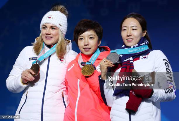 Bronze medalist Karolina Erbanova of the Czech Republic, gold medalist Nao Kodaira of Japan and silver medalist Sang-Hwa Lee of Korea celebrate...